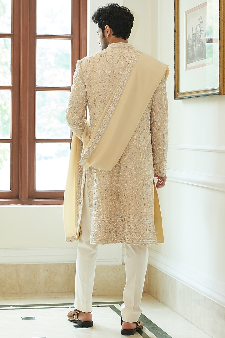 Peach Dupion Silk Beadwork Groom Sherwani Set by NITIKA GUJRAL MEN at Pernia's Pop Up Shop