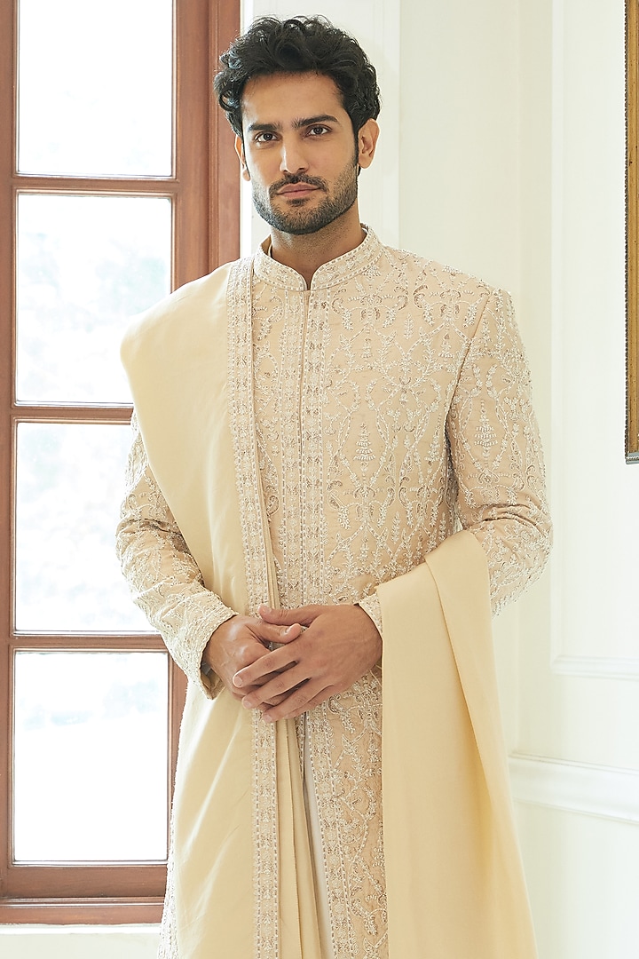 Peach Dupion Silk Beadwork Groom Sherwani Set by NITIKA GUJRAL MEN at Pernia's Pop Up Shop