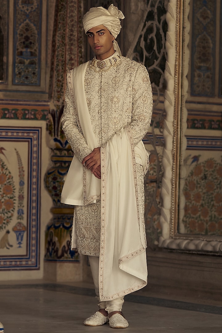 Ivory & Beige Raw Silk Resham Embroidered Groom Sherwani Set by NITIKA GUJRAL MEN at Pernia's Pop Up Shop
