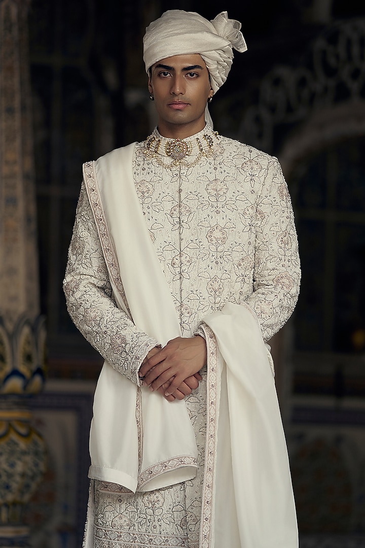Ivory & Beige Raw Silk Resham Embroidered Groom Sherwani Set by NITIKA GUJRAL MEN at Pernia's Pop Up Shop