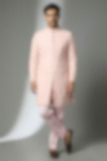 Pink Raw Silk & Cotton Silk Geometric Embroidered Groom Sherwani Set by NITIKA GUJRAL MEN at Pernia's Pop Up Shop