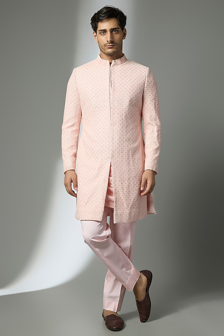 Pink Raw Silk & Cotton Silk Geometric Embroidered Groom Sherwani Set by NITIKA GUJRAL MEN at Pernia's Pop Up Shop
