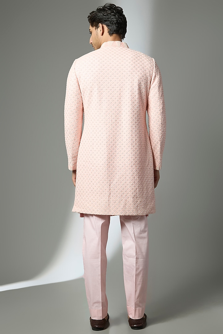 Pink Raw Silk & Cotton Silk Geometric Embroidered Groom Sherwani Set by NITIKA GUJRAL MEN at Pernia's Pop Up Shop