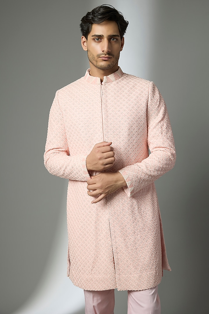 Pink Raw Silk & Cotton Silk Geometric Embroidered Groom Sherwani Set by NITIKA GUJRAL MEN at Pernia's Pop Up Shop