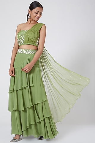 Mint Green Embroidered Skirt Set by Nayna Kapoor