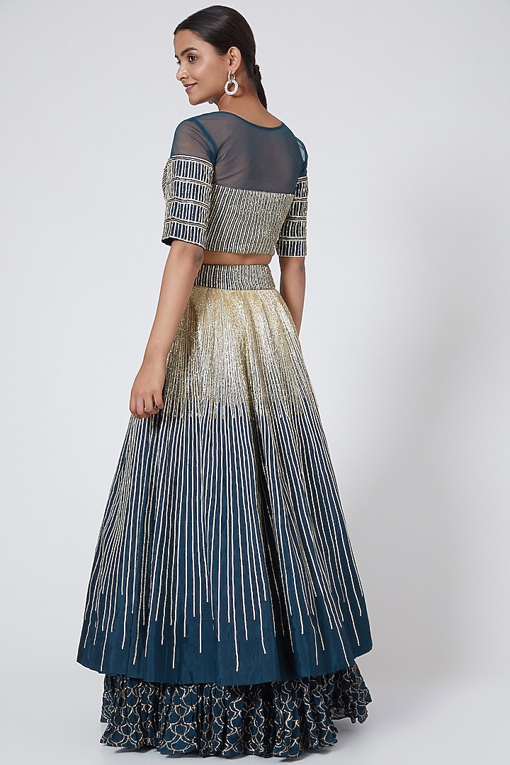 Teal Blue Embroidered Wedding Lehenga Set by Nayna Kapoor at Pernia's Pop Up Shop