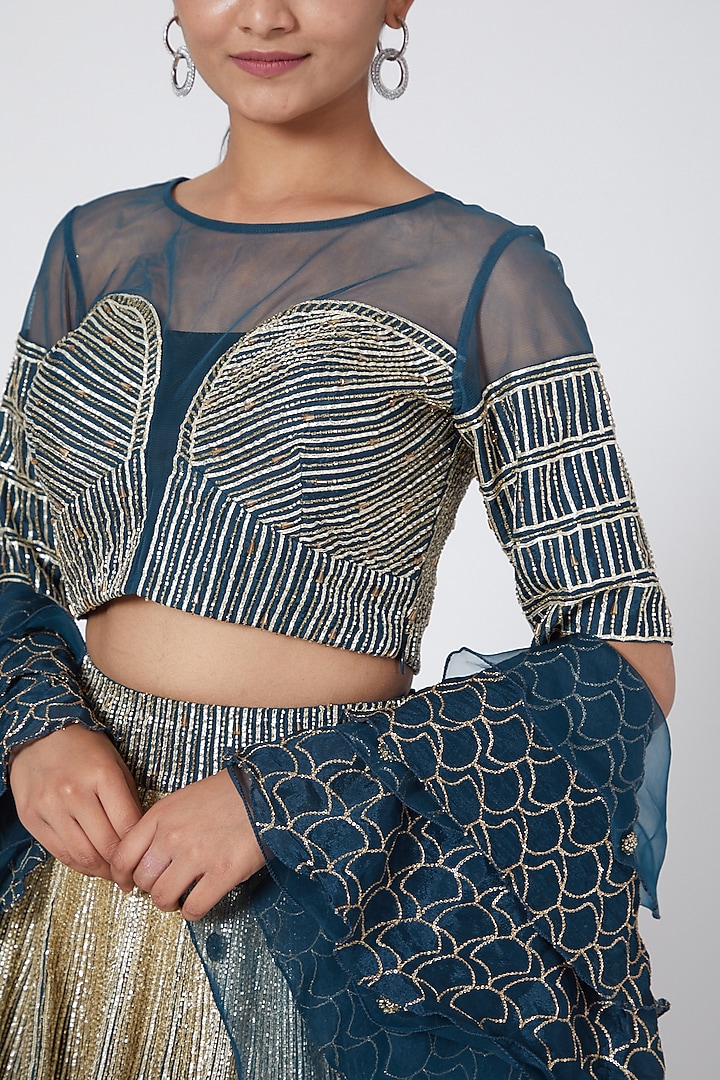 Teal Blue Embroidered Wedding Lehenga Set by Nayna Kapoor at Pernia's Pop Up Shop