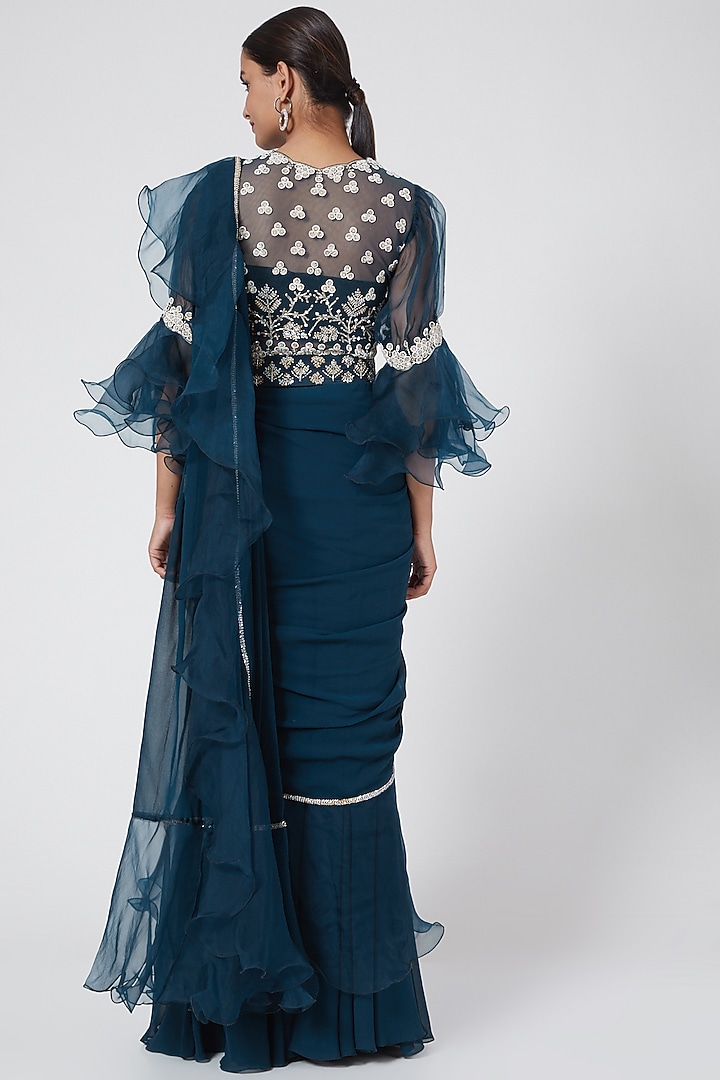 Midnight Blue Draped Wedding Saree Set by Nayna Kapoor at Pernia's Pop Up Shop