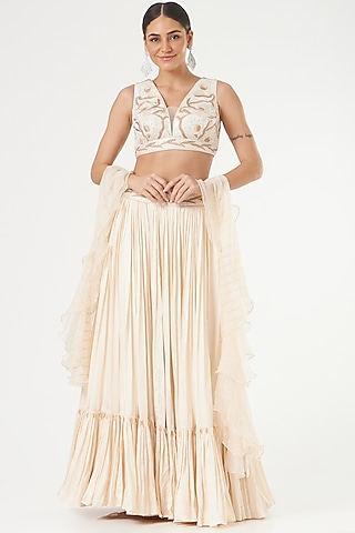 White Satin Flared Skirt Set by Nayna Kapoor