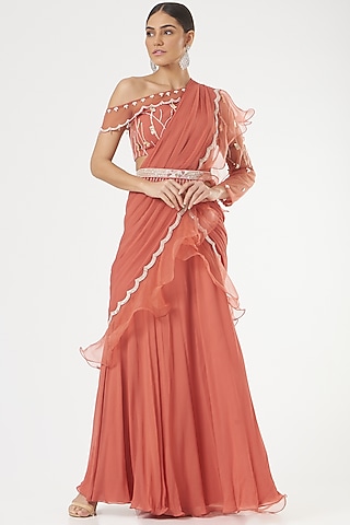 Orange Georgette Pre-Stitched Saree Set by Nayna Kapoor