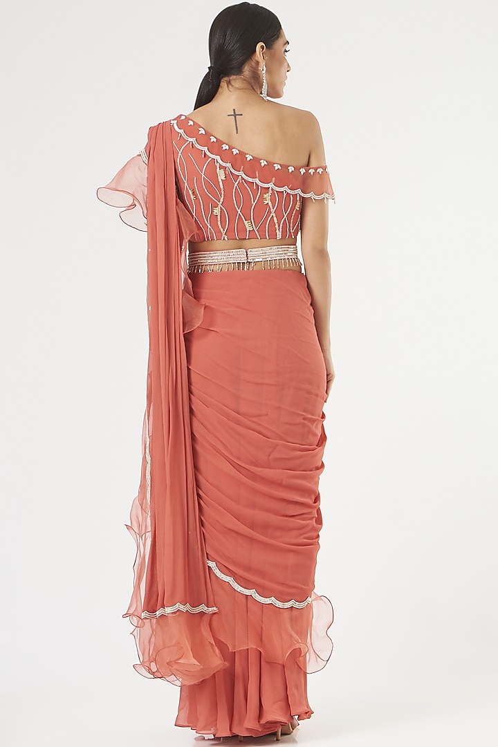 Orange Georgette Pre-Stitched Wedding Saree Set by Nayna Kapoor at Pernia's Pop Up Shop