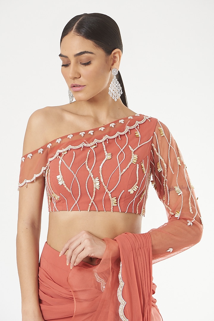 Orange Georgette Pre-Stitched Wedding Saree Set by Nayna Kapoor at Pernia's Pop Up Shop
