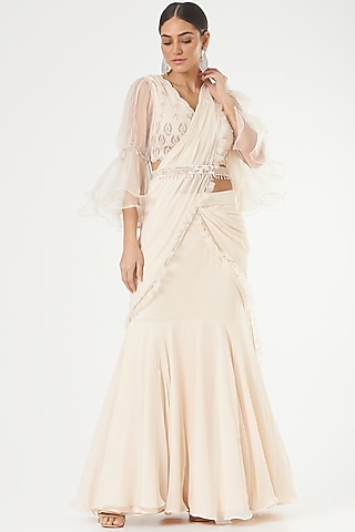 White Georgette Pre-Stitched Saree Set by Nayna Kapoor