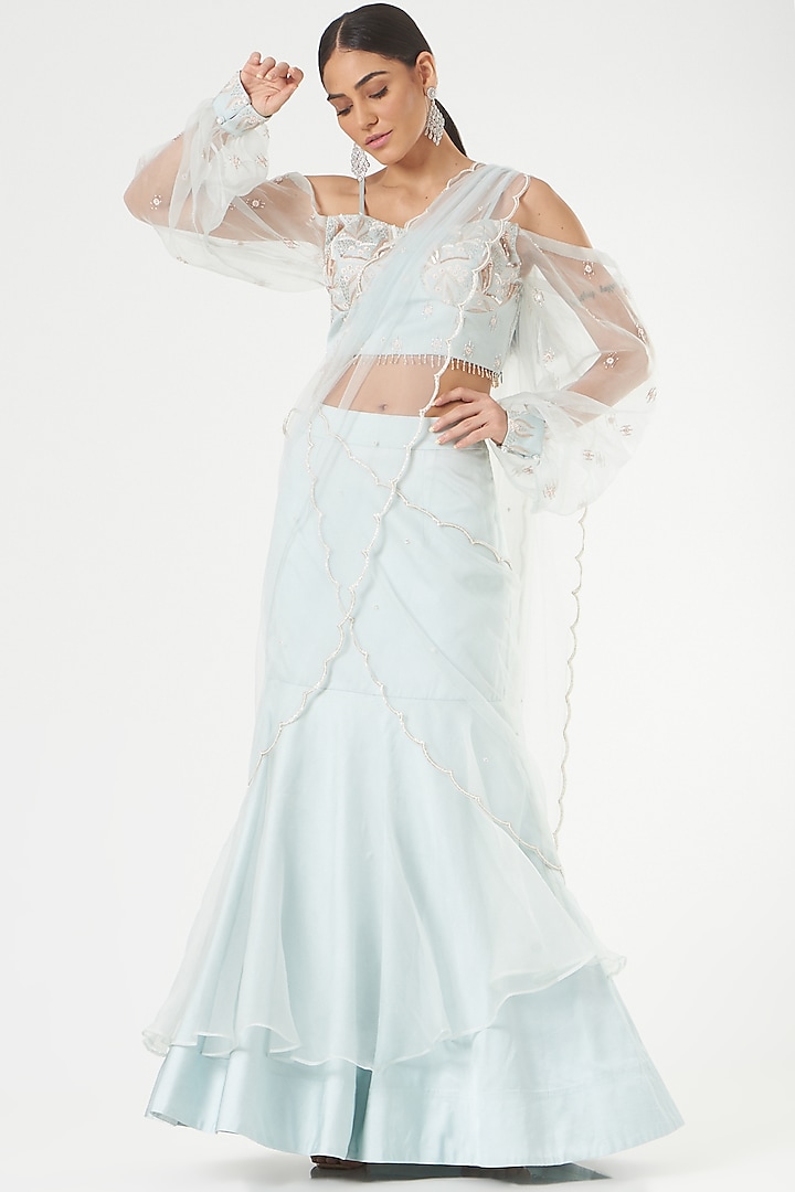 Sky Blue Net Pre-Stitched Saree Set by Nayna Kapoor