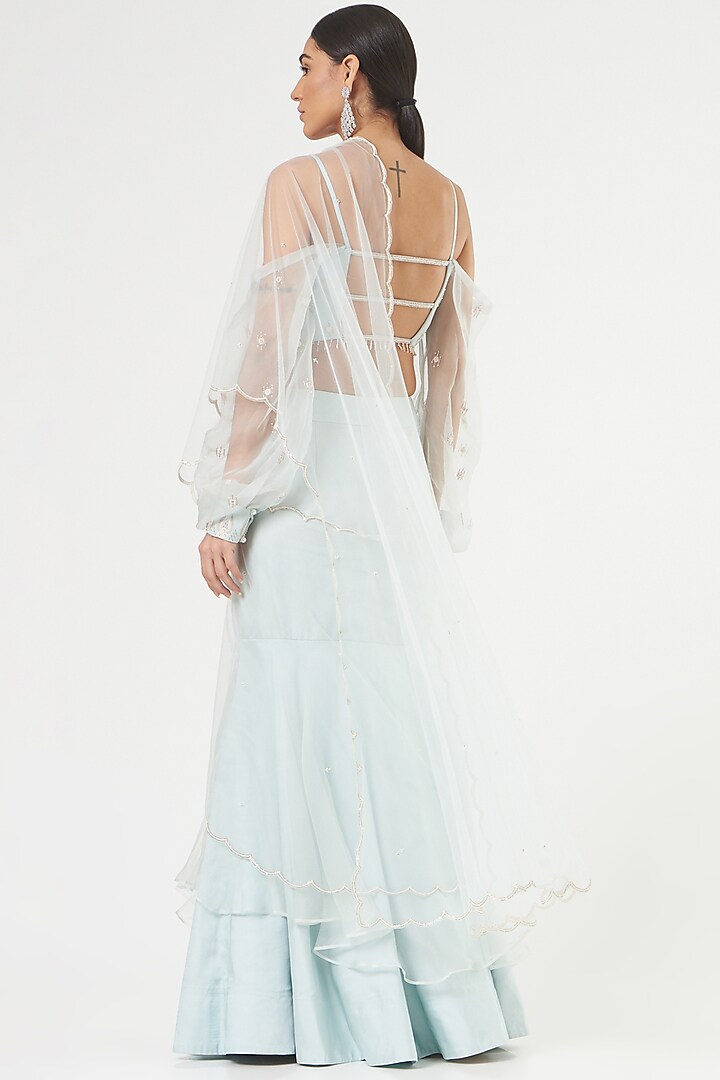 Sky Blue Net Pre-Stitched Wedding Saree Set by Nayna Kapoor at Pernia's Pop Up Shop