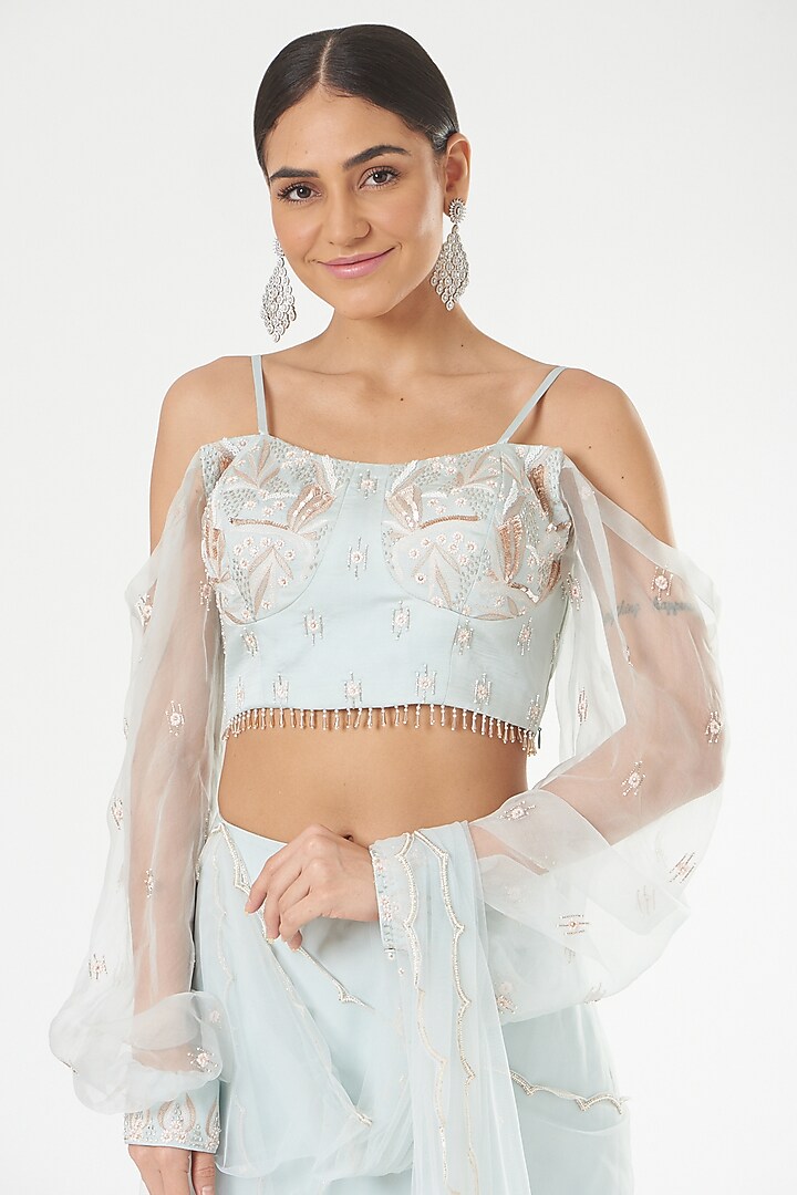 Sky Blue Net Pre-Stitched Wedding Saree Set by Nayna Kapoor at Pernia's Pop Up Shop