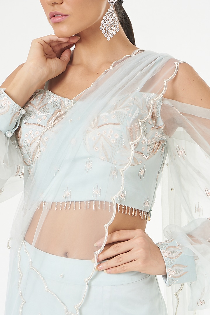 Sky Blue Net Pre-Stitched Wedding Saree Set by Nayna Kapoor at Pernia's Pop Up Shop