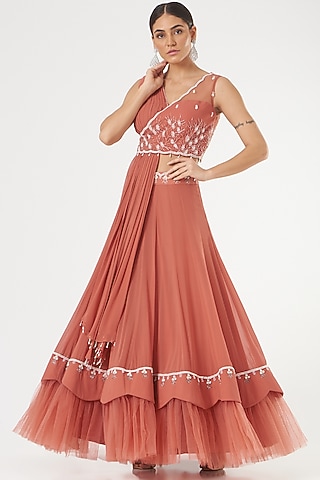 Orange Georgette Layered Skirt Set by Nayna Kapoor