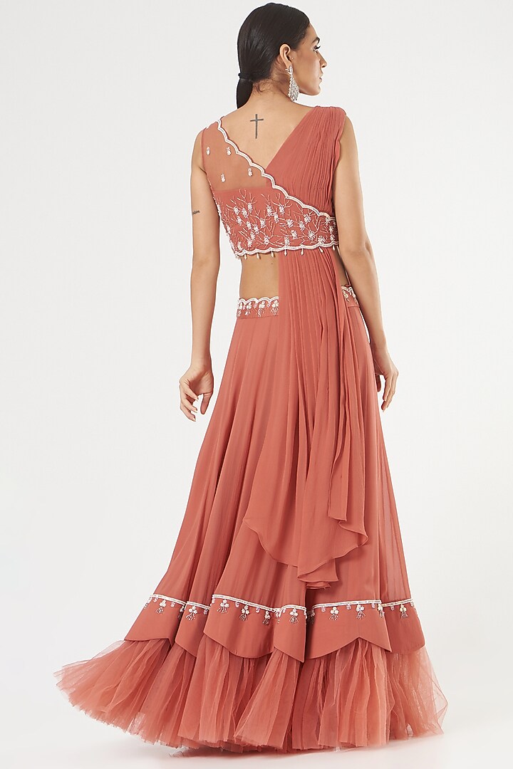 Orange Georgette Layered Skirt Set by Nayna Kapoor at Pernia's Pop Up Shop