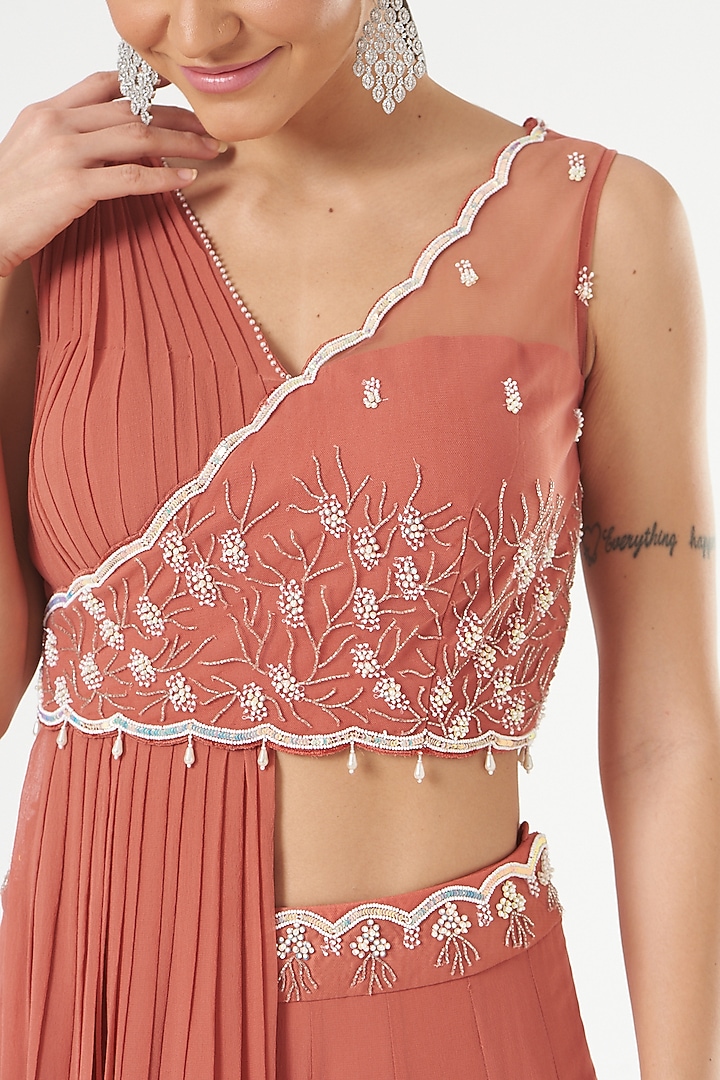 Orange Georgette Layered Skirt Set by Nayna Kapoor at Pernia's Pop Up Shop