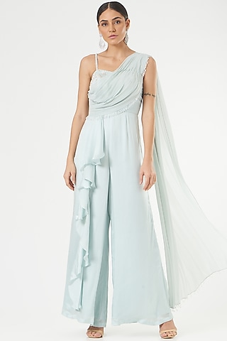 Sky Blue Embroidered Flared Jumpsuit by Nayna Kapoor