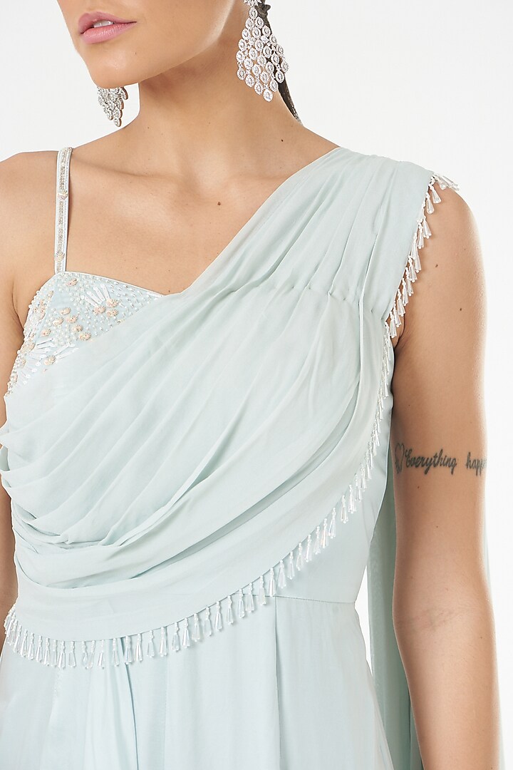 Sky Blue Embroidered Flared Jumpsuit by Nayna Kapoor at Pernia's Pop Up Shop