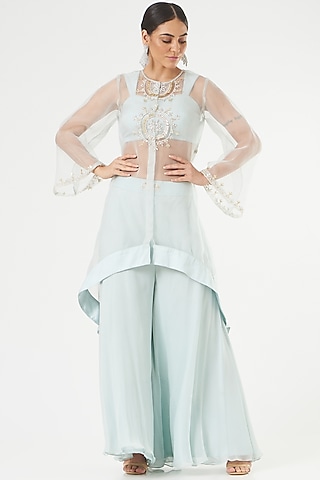 Sky Blue Embellishments Cape Set by Nayna Kapoor