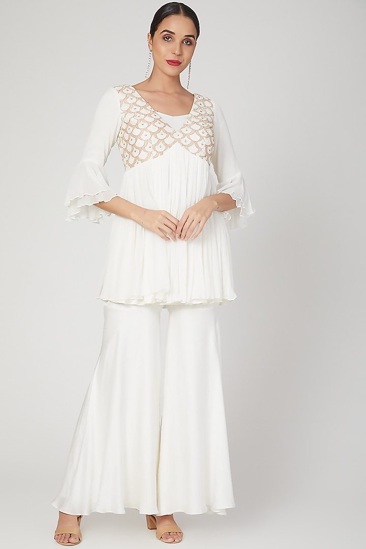 White Embroidered Top With Pants by Nayna Kapoor