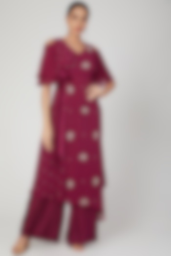 Maroon Embroidered Kurta With Pants by Nayna Kapoor