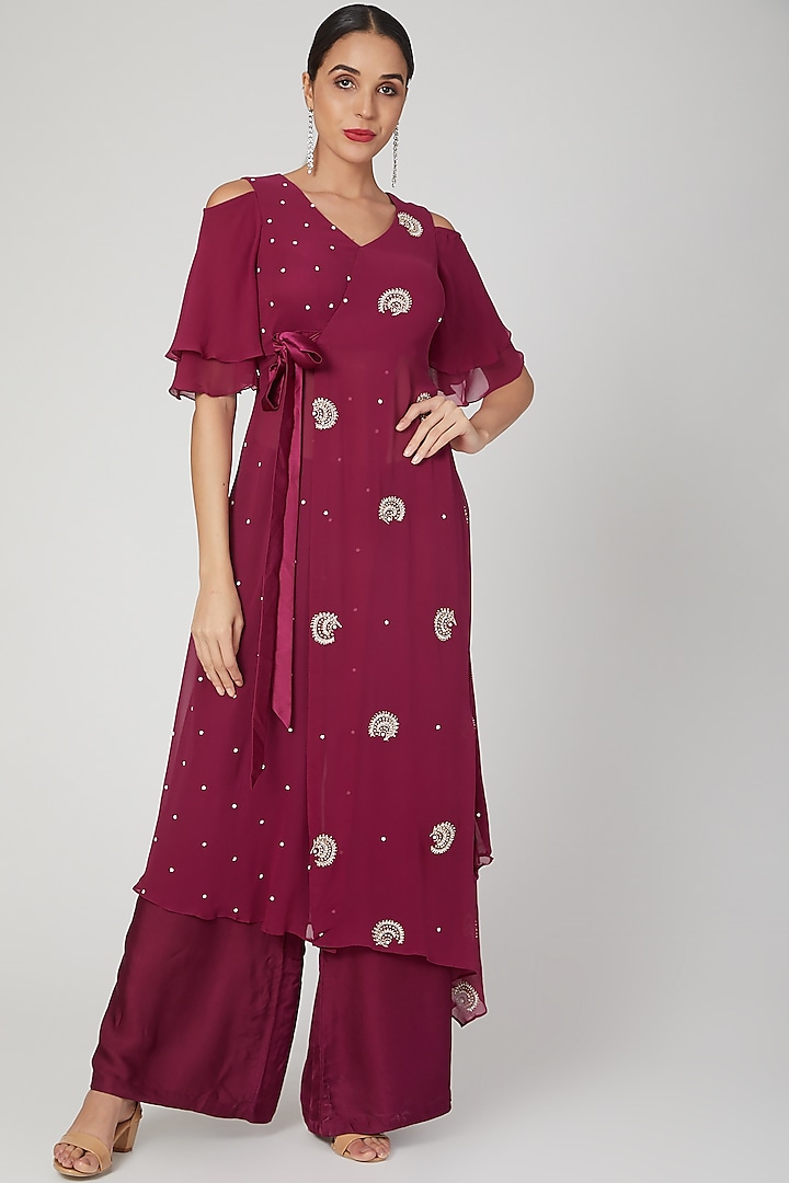 Maroon Embroidered Kurta With Pants by Nayna Kapoor