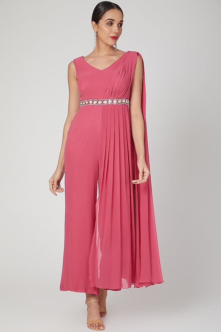 Pink Draped Jumpsuit With Belt by Nayna Kapoor