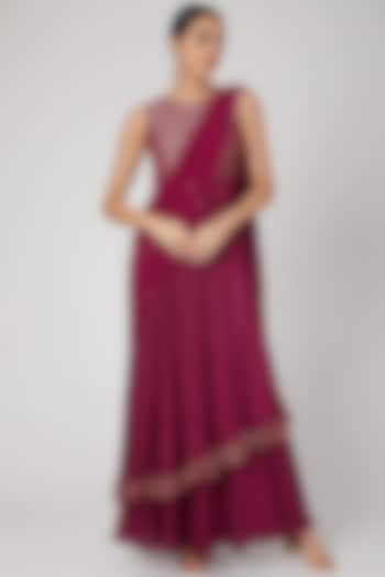 Maroon Draped & Embroidered Saree Set by Nayna Kapoor