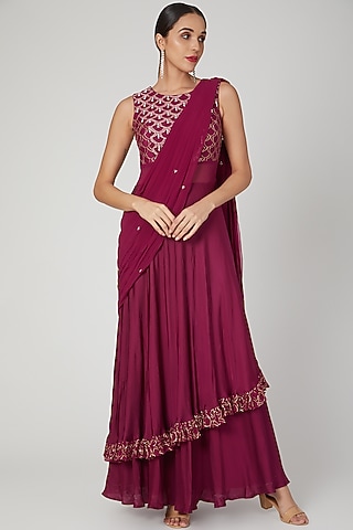 Maroon Draped & Embroidered Saree Set by Nayna Kapoor