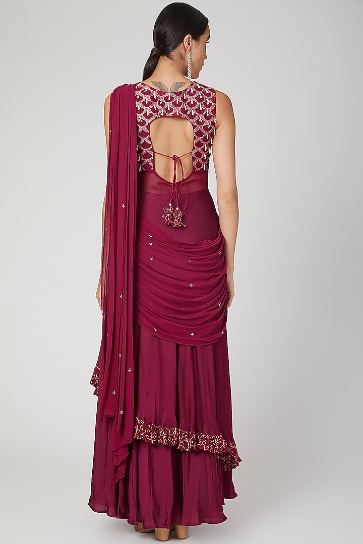 Maroon Draped & Embroidered Wedding Saree Set by Nayna Kapoor at Pernia's Pop Up Shop