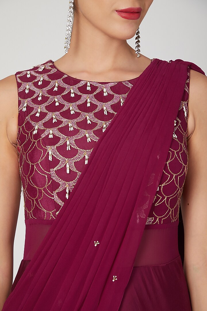 Maroon Draped & Embroidered Wedding Saree Set by Nayna Kapoor at Pernia's Pop Up Shop