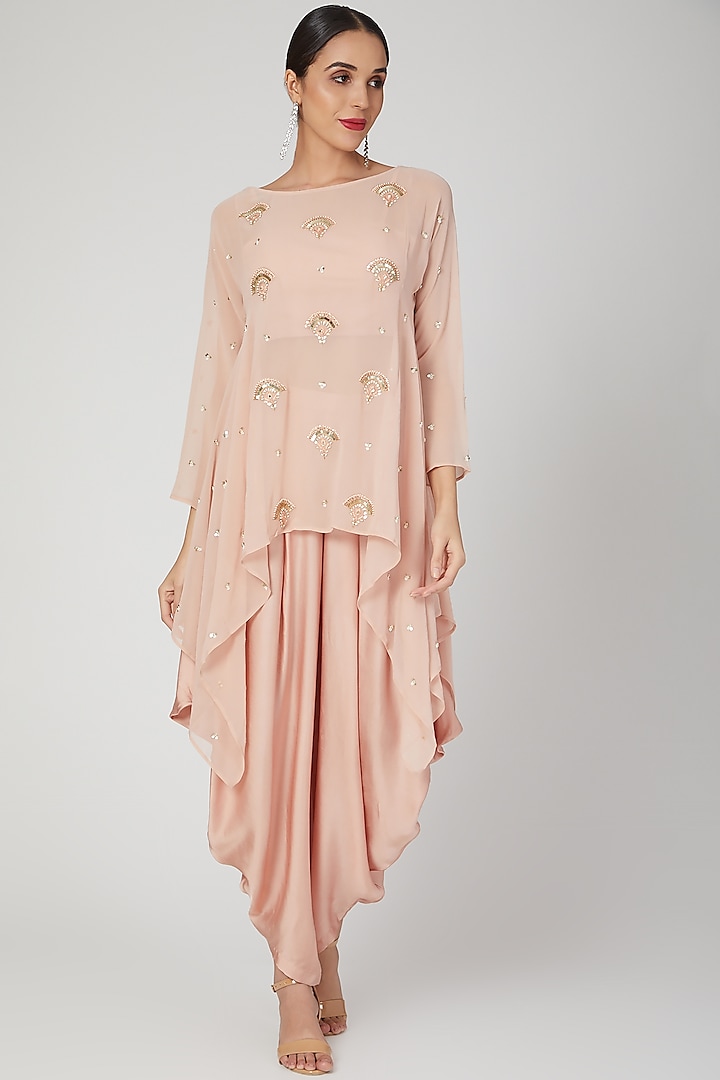 Blush Pink Embroidered Kurta With Bustier & Dhoti by Nayna Kapoor