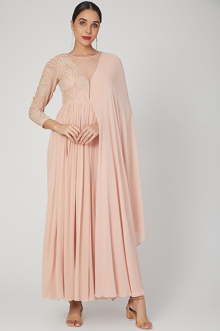 Blush Pink Embroidered Anarkali With Drape by Nayna Kapoor