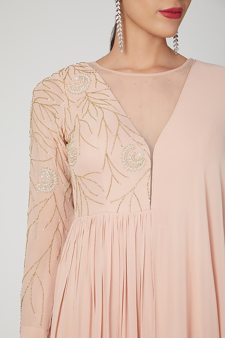 Blush Pink Embroidered Wedding Anarkali With Drape by Nayna Kapoor at Pernia's Pop Up Shop