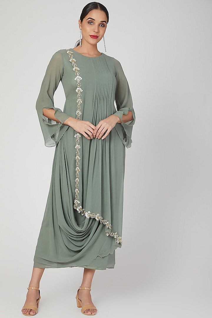 Olive Green Dress With Embroidered Border by Nayna Kapoor