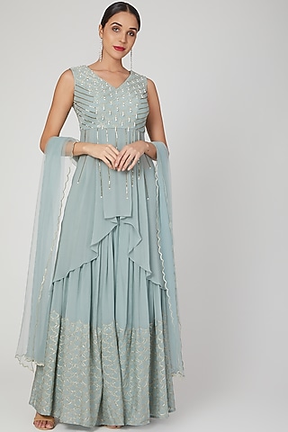 Mint Blue Embroidered Skirt Set by Nayna Kapoor