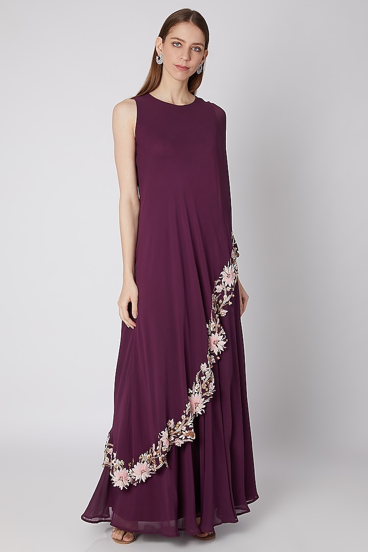 Wine Floral Embroidered Toga Style Dress by Nayna Kapoor