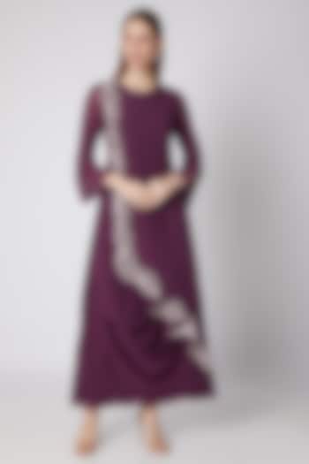 Wine Floral Embroidered Pleated Dress by Nayna Kapoor
