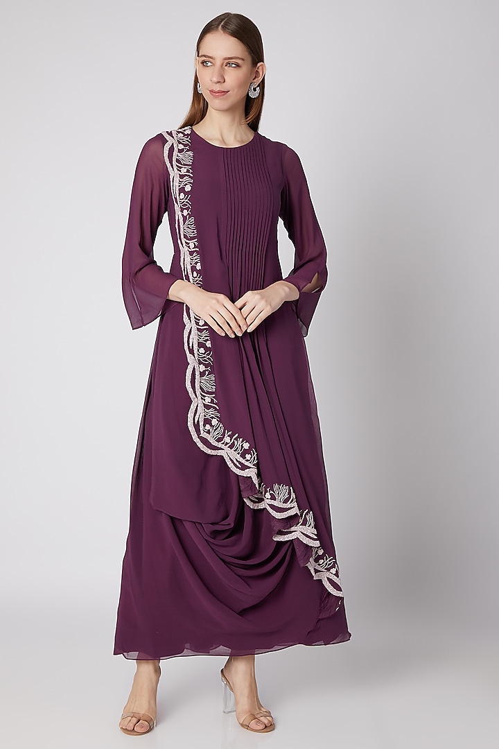 Wine Floral Embroidered Pleated Dress by Nayna Kapoor