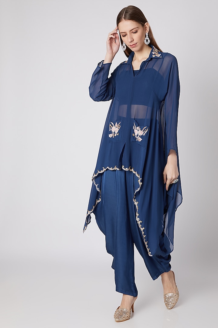 Blue Floral Embroidered Tunic & Pants Set by Nayna Kapoor