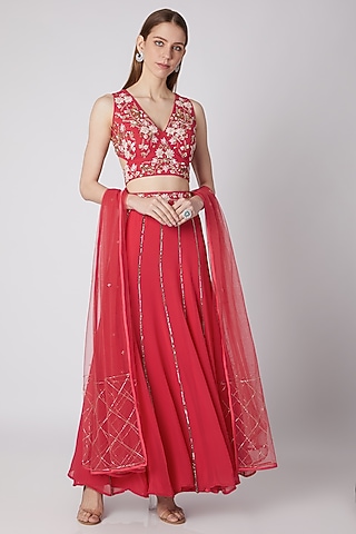 Coral Floral Embroidered Blouse & Skirt With Dupatta by Nayna Kapoor