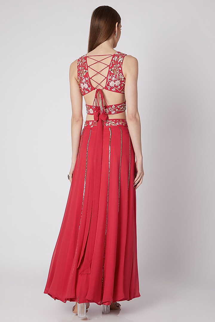 Coral Floral Embroidered Blouse & Skirt With Dupatta by Nayna Kapoor at Pernia's Pop Up Shop