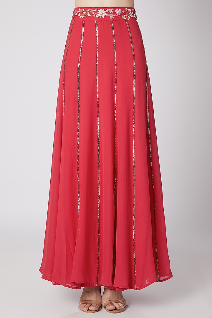 Coral Floral Embroidered Blouse & Skirt With Dupatta by Nayna Kapoor at Pernia's Pop Up Shop