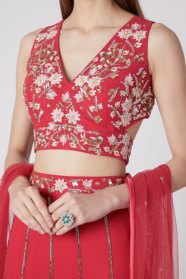 Coral Floral Embroidered Blouse & Skirt With Dupatta by Nayna Kapoor at Pernia's Pop Up Shop