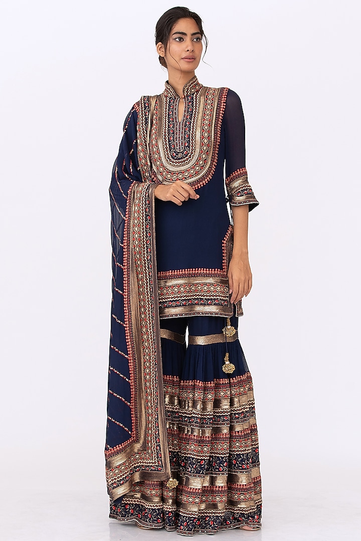  Navy Blue Embroidered Sharara Set by Nakul Sen