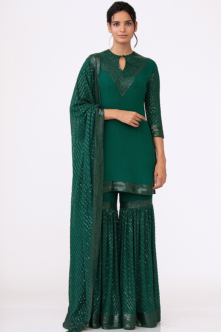 Emerald Green Embroidered Sharara Set by Nakul Sen